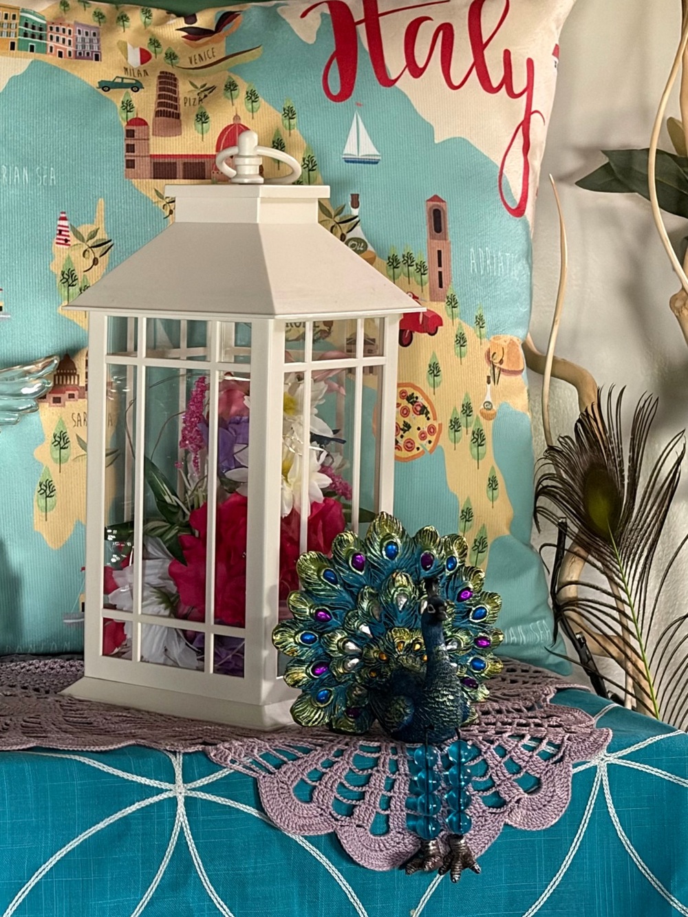 Decorative Blue Peacock Shelf Sitter with Teal Beaded Legs